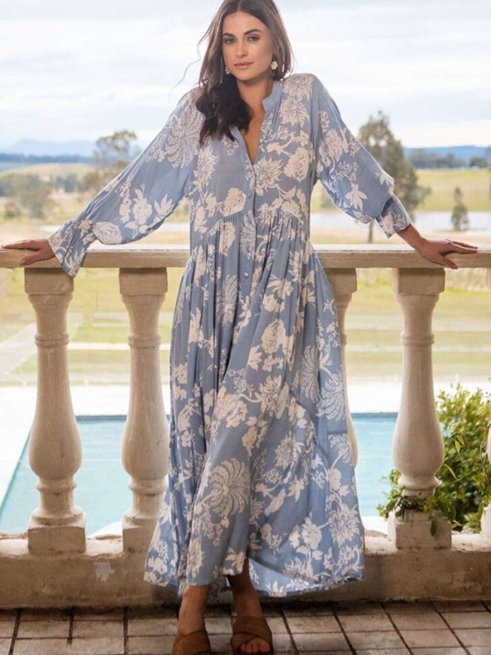 House of Lacuna Blue White Tuscany Boho Dress Paisley Print Size M